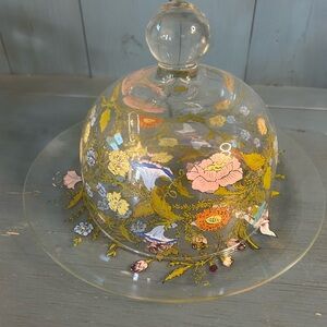 Vintage 1960’s Decorative Floral Glass Cloche - Pink & Gold Floral Accent